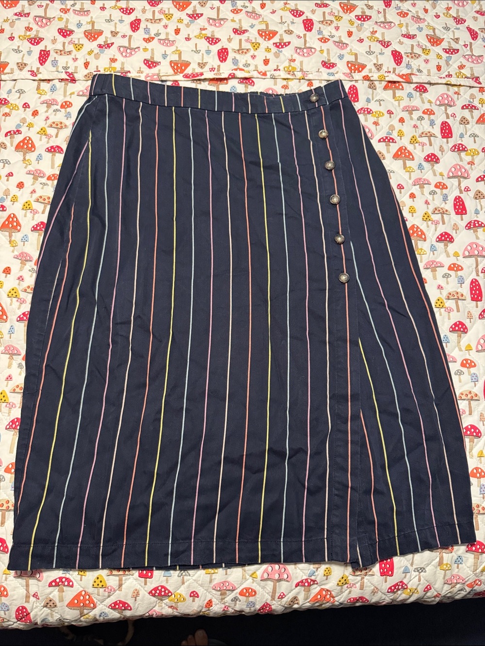 Marine Layer Navy Midi Skirt with Pastel Rainbow Stripes womens XL pencil